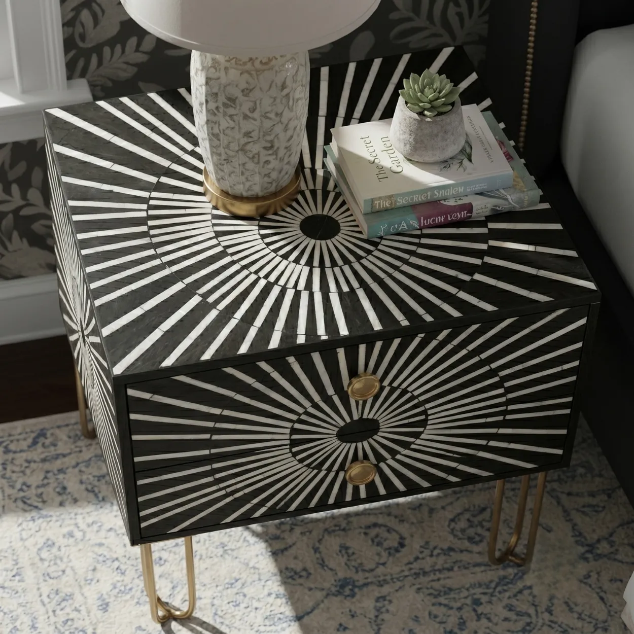 Bone Inlay Black Bedside Table with 2 Drawer - Image 3