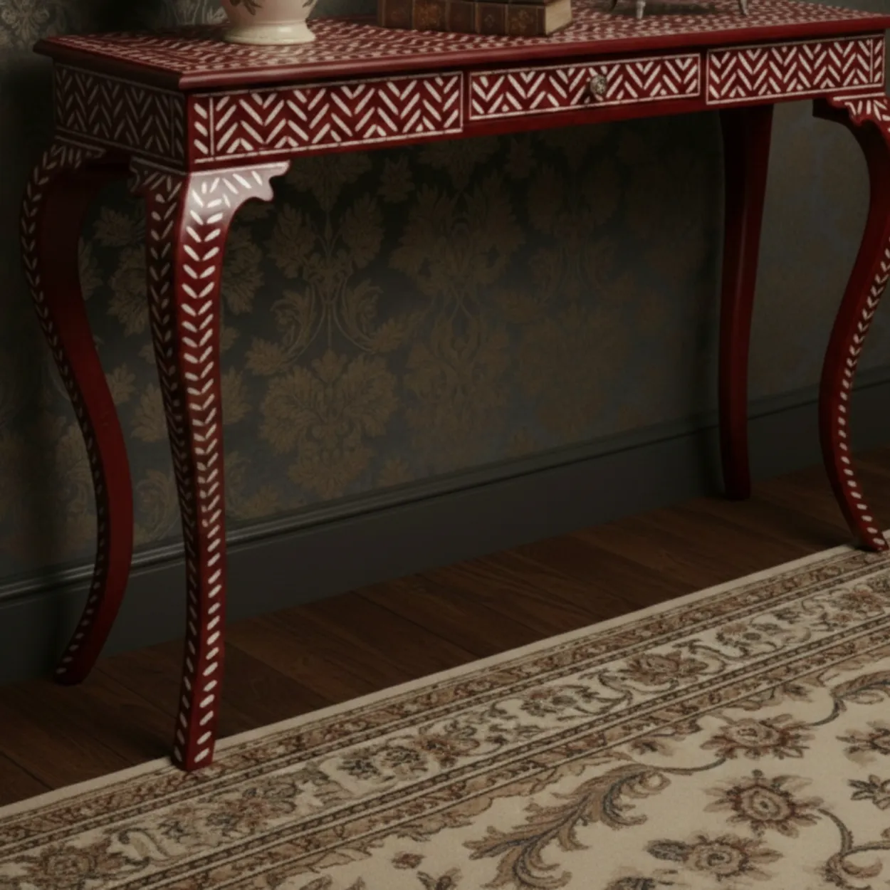 Bone Inlay Red Console Table - Image 7