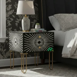 Bone Inlay Black Bedside Table with 2 Drawer