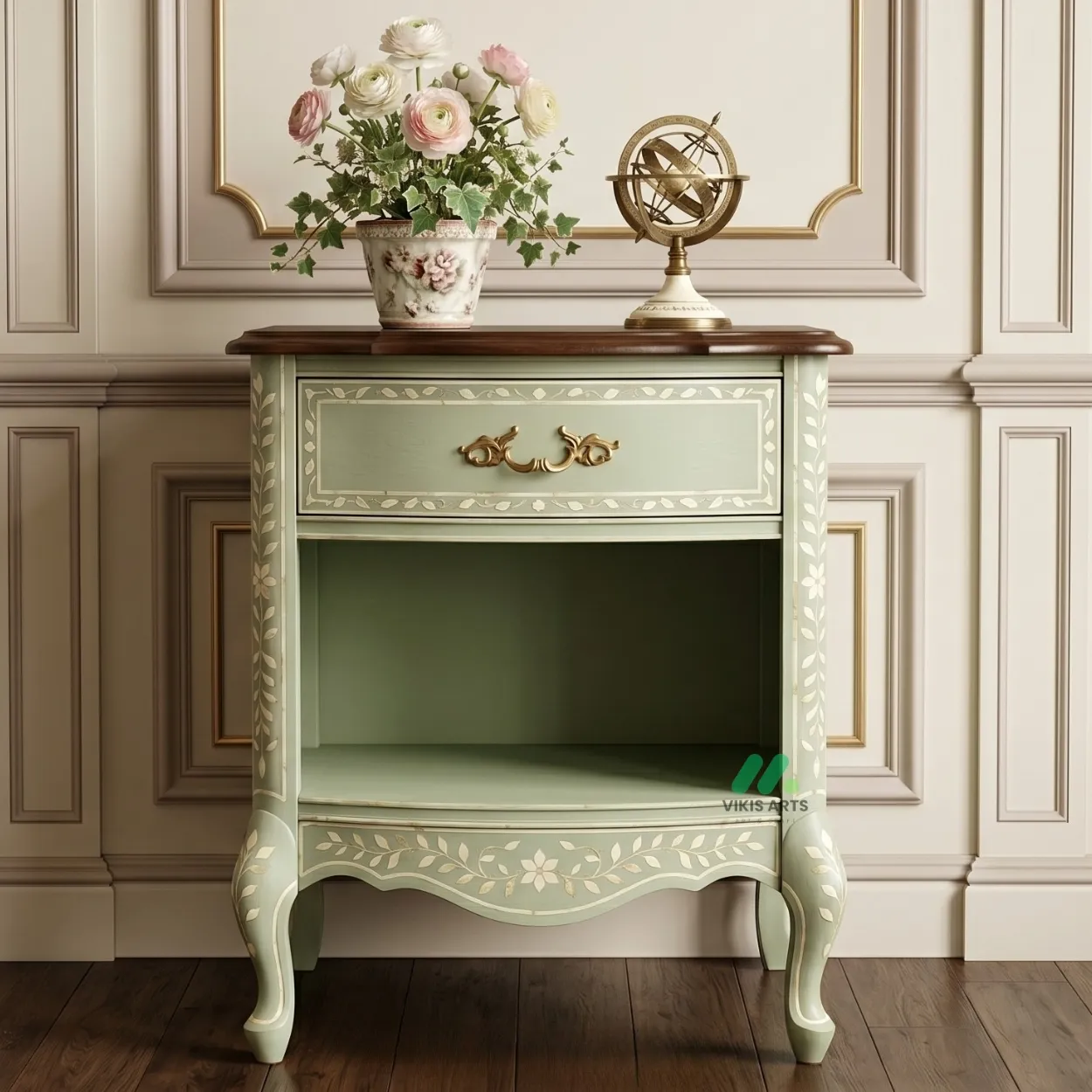 Bone Inlay Light Green Bedside Table