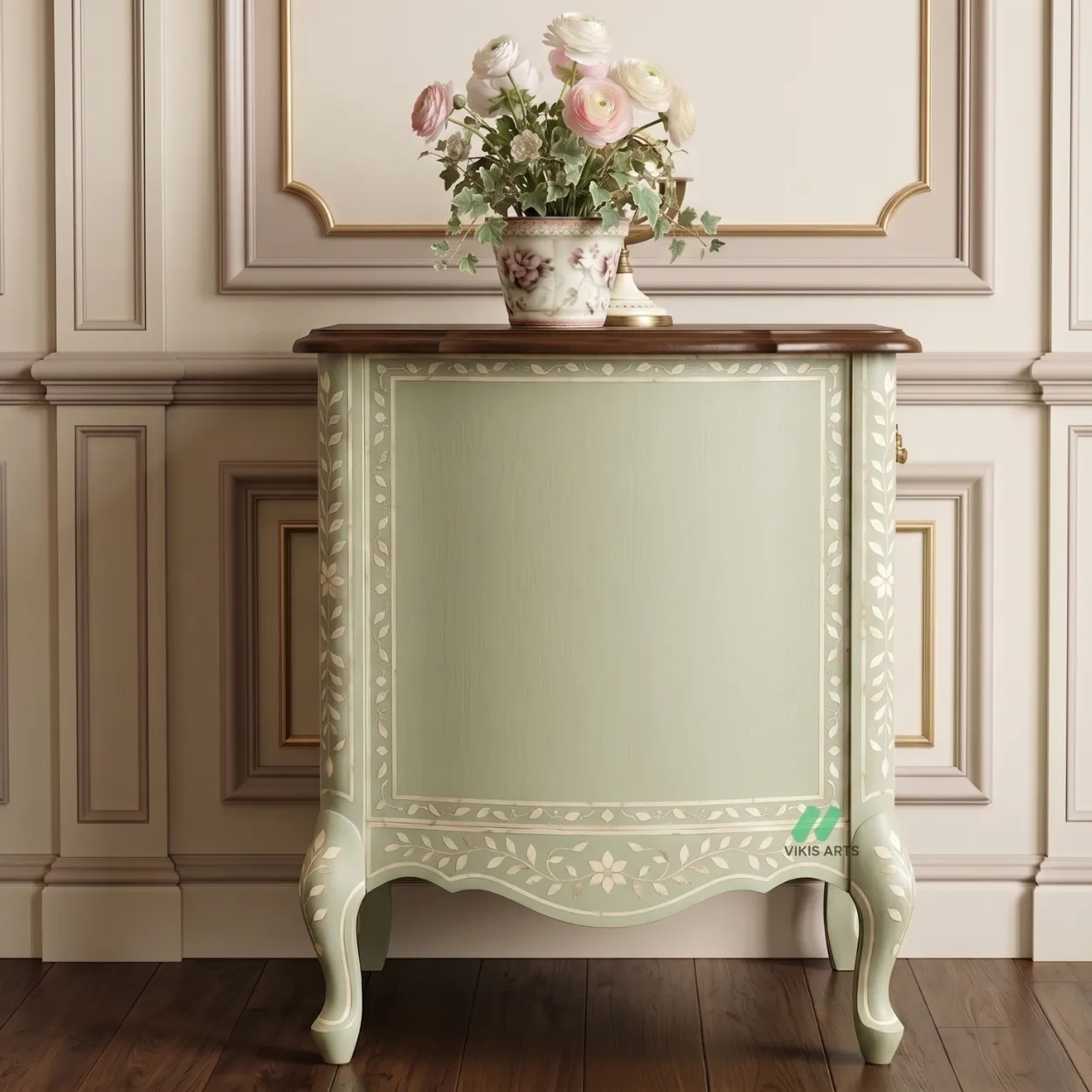 Bone Inlay Light Green Bedside Table - Image 4