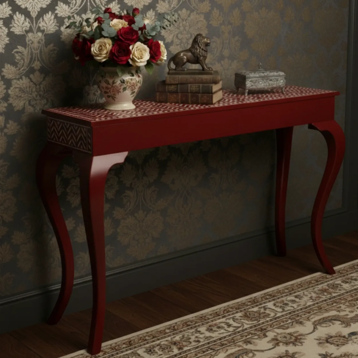Bone Inlay Red Console Table - Image 2