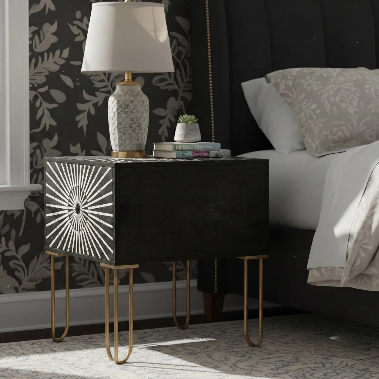 Bone Inlay Black Bedside Table with 2 Drawer - Image 2