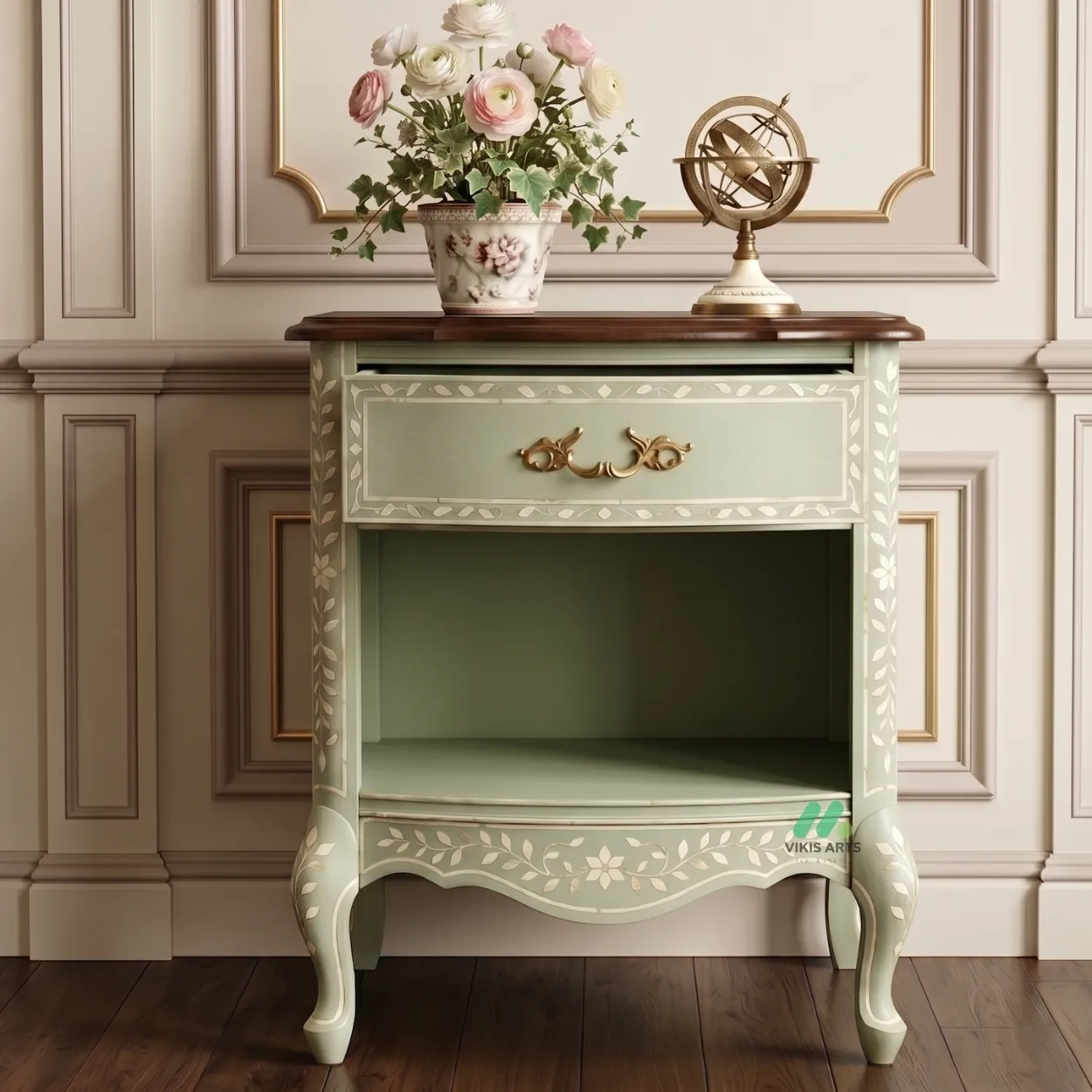 Bone Inlay Light Green Bedside Table - Image 7