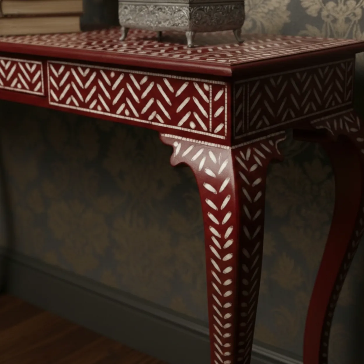 Bone Inlay Red Console Table - Image 4