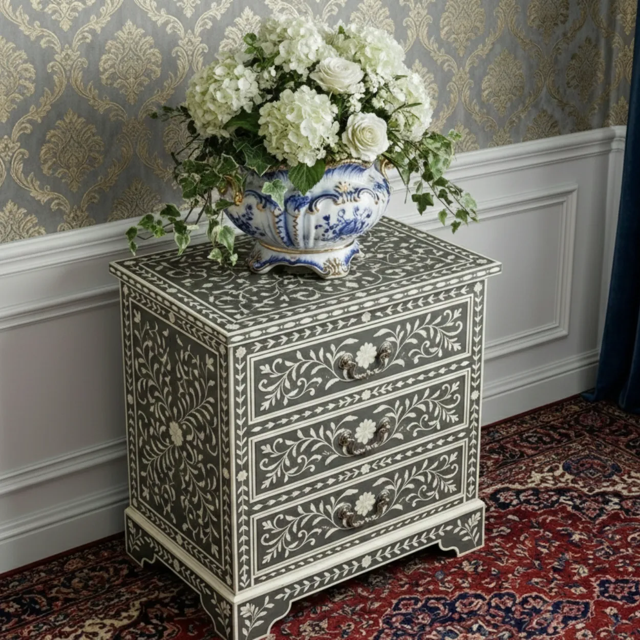 Bone Inlay Grey Bedside Table with 3 Drawer - Image 4