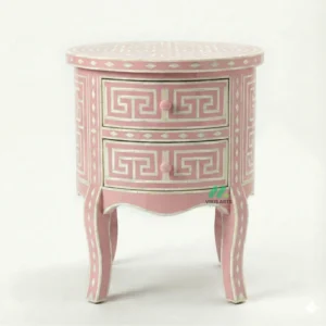 Bone Inlay Pink Round Nightstand with 2 Drawers