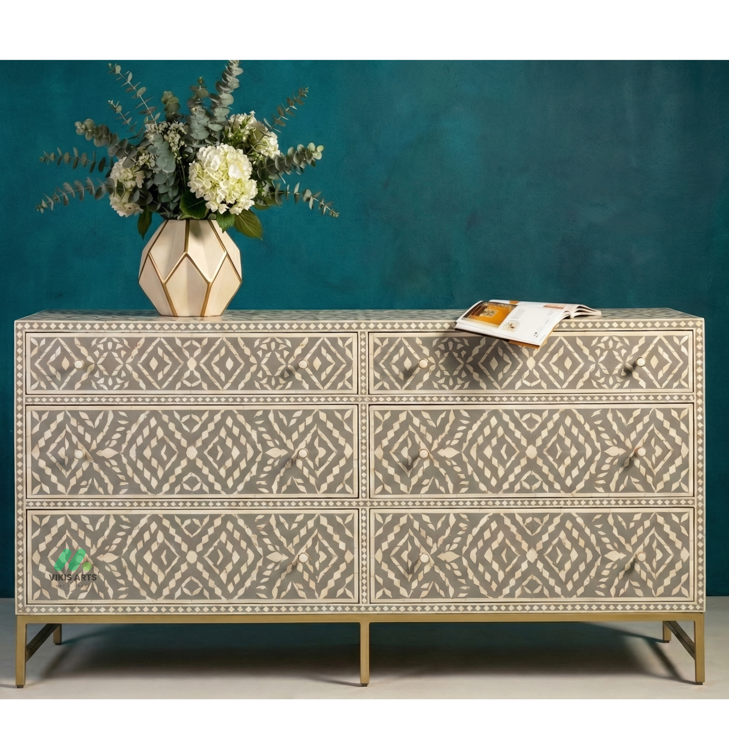 Bone Inlay Grey 6 Chest of Drawers