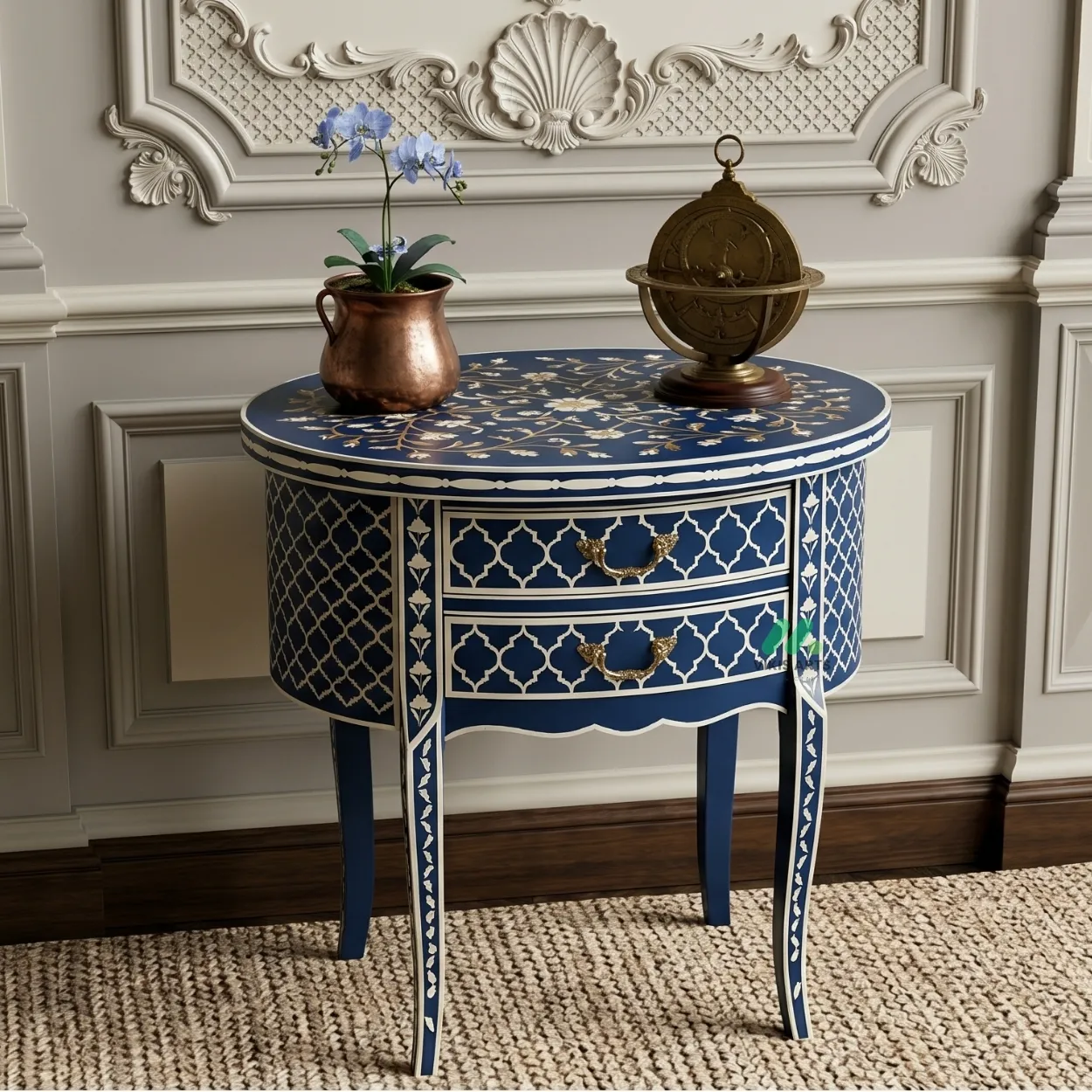 Bone Inlay Navy Blue Round Bedside Table - Image 2