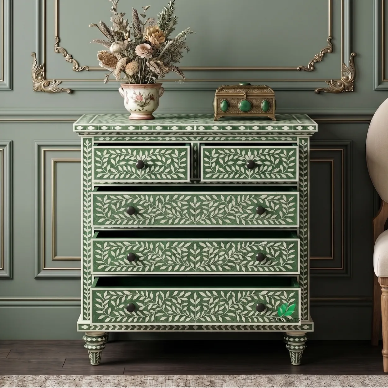 Bone Inlay Green 5 Chest of Drawer - Image 7