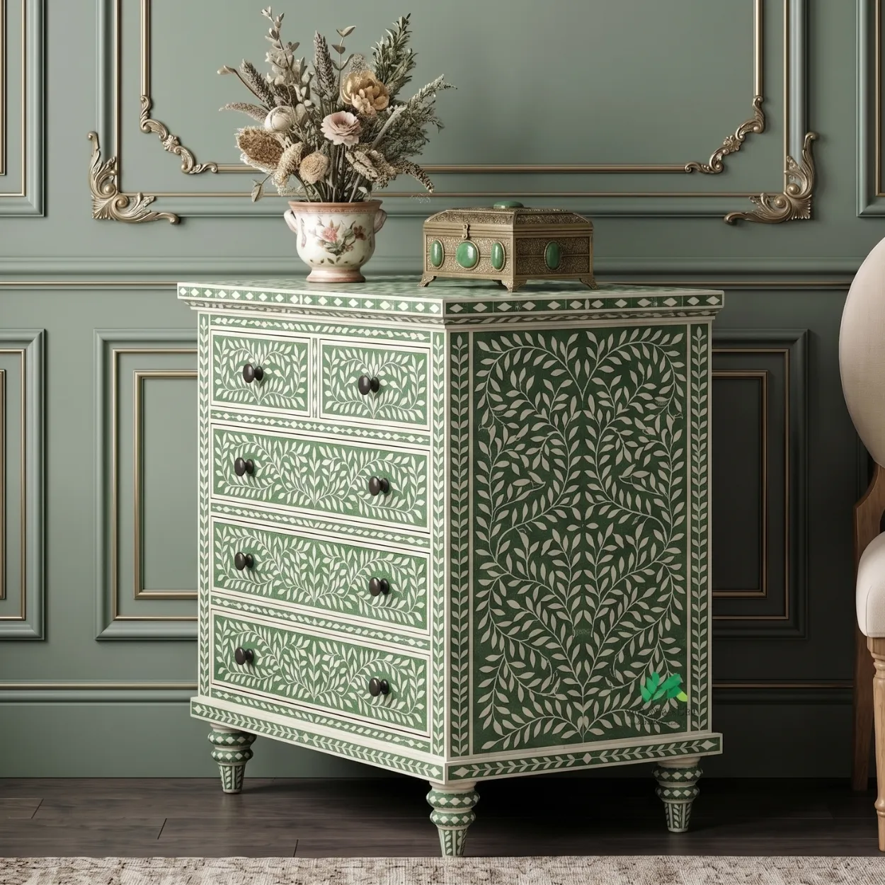 Bone Inlay Green 5 Chest of Drawer - Image 4