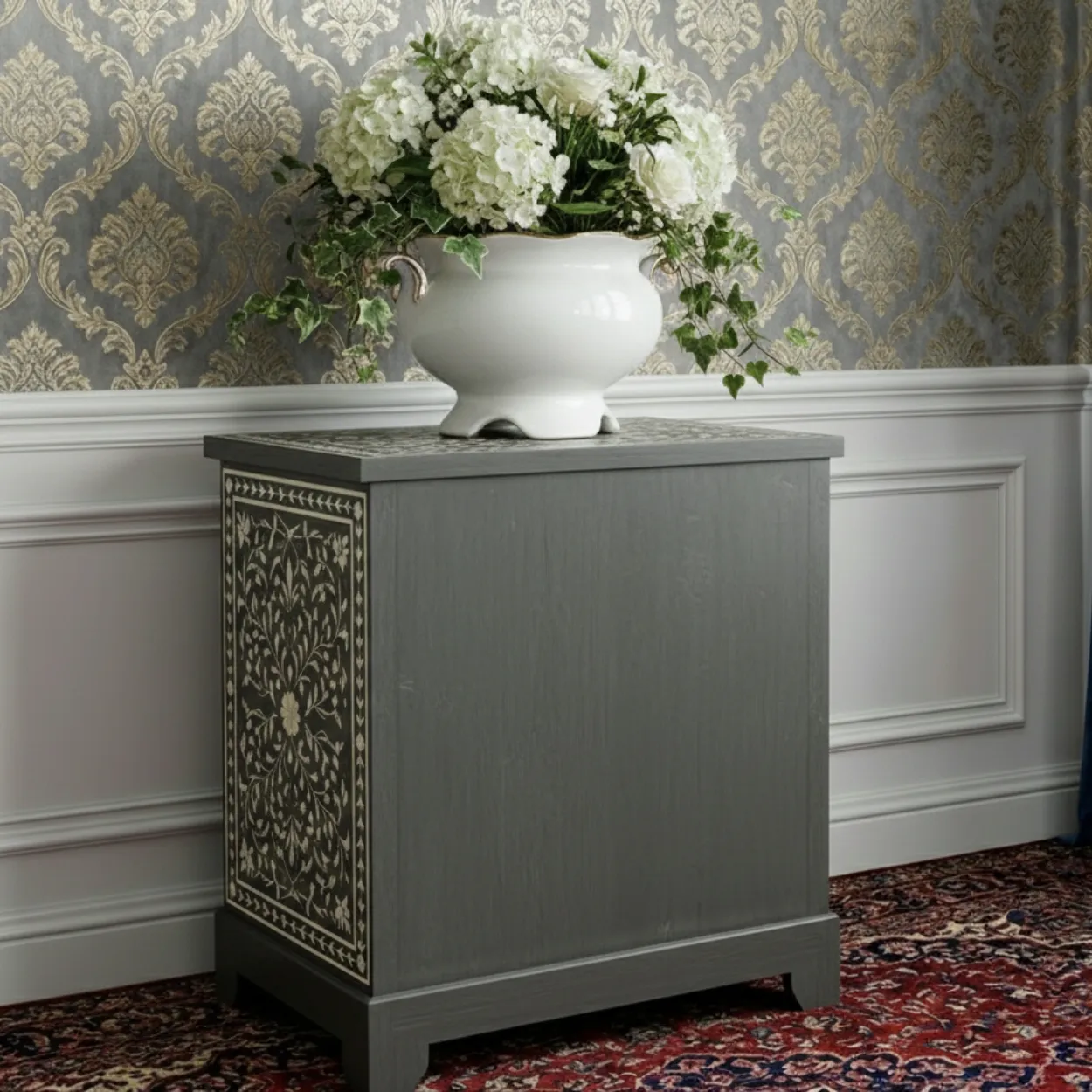 Bone Inlay Grey Bedside Table with 3 Drawer - Image 3