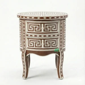 Bone Inlay Brown Round Nightstand with 2 Drawers