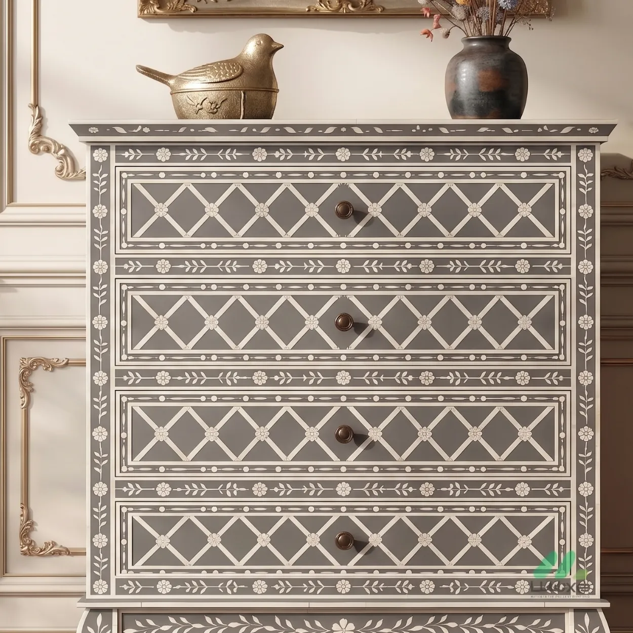 Bone Inlay Grey 4 chest of drawer - Image 6