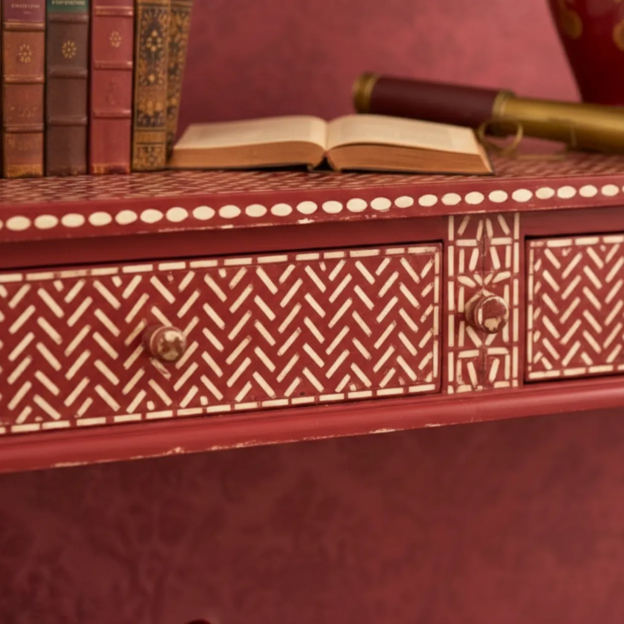 Bone Inlay Red Console Table - Image 4