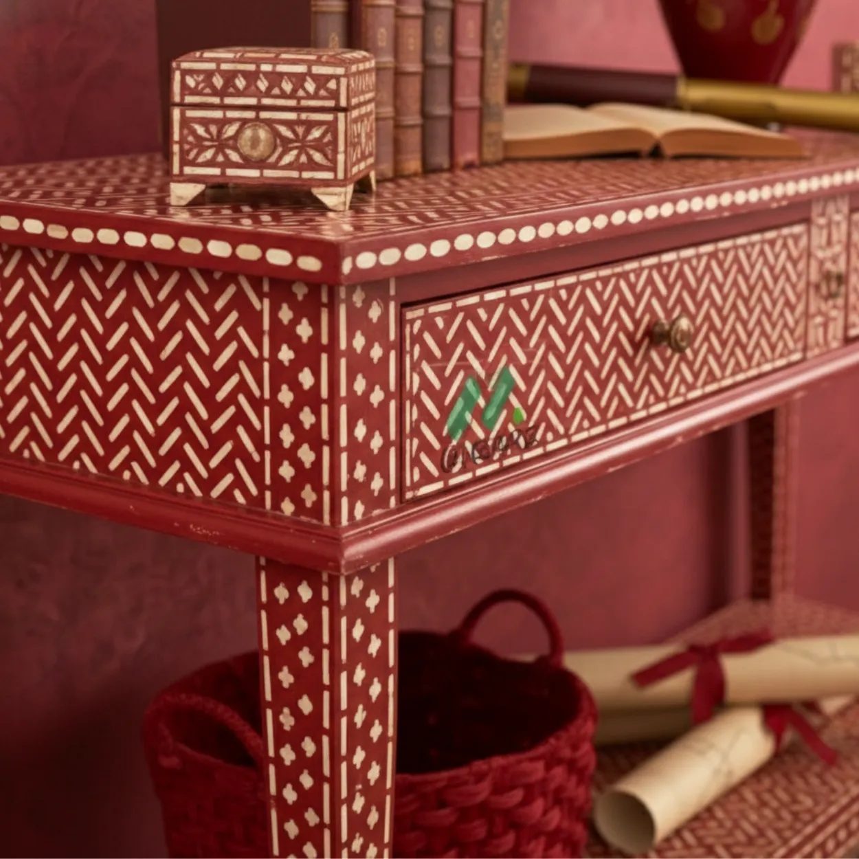 Bone Inlay Red Console Table - Image 6