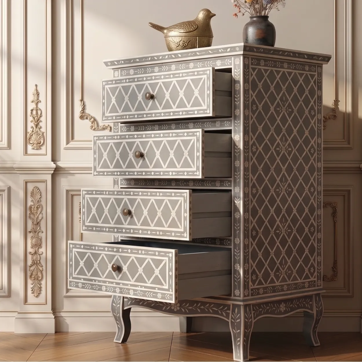 Bone Inlay Grey 4 chest of drawer - Image 5