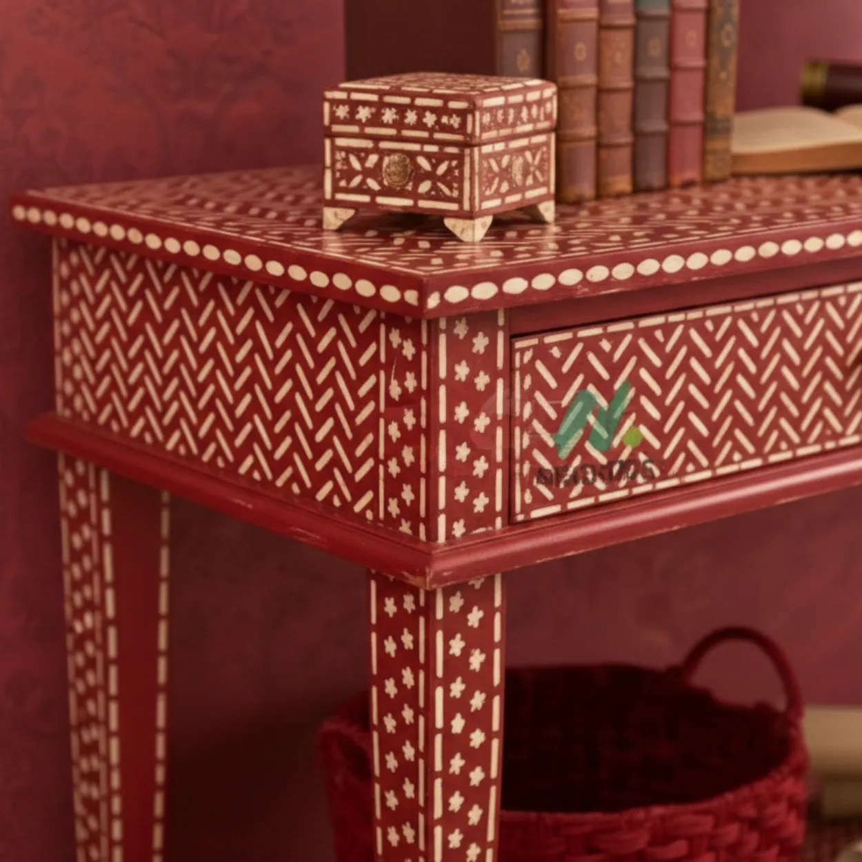 Bone Inlay Red Console Table - Image 5