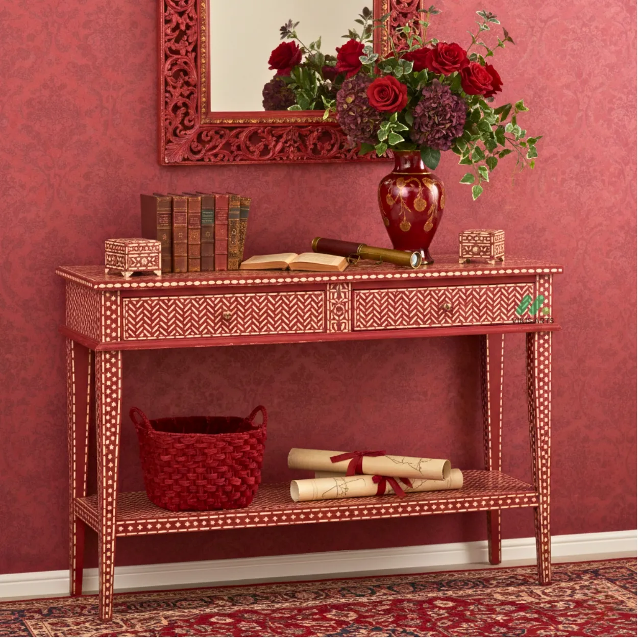 Bone Inlay Red Console Table