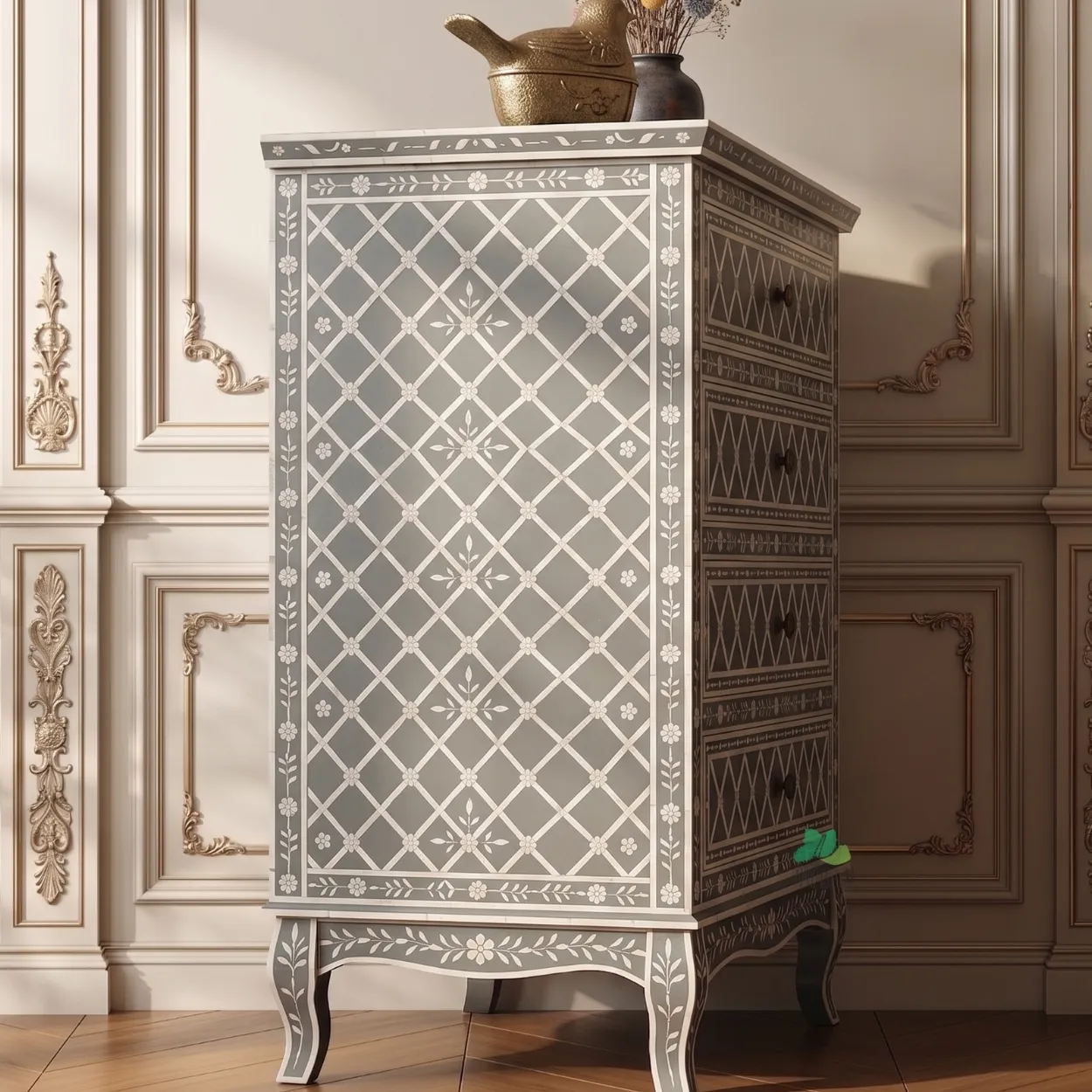 Bone Inlay Grey 4 chest of drawer - Image 4