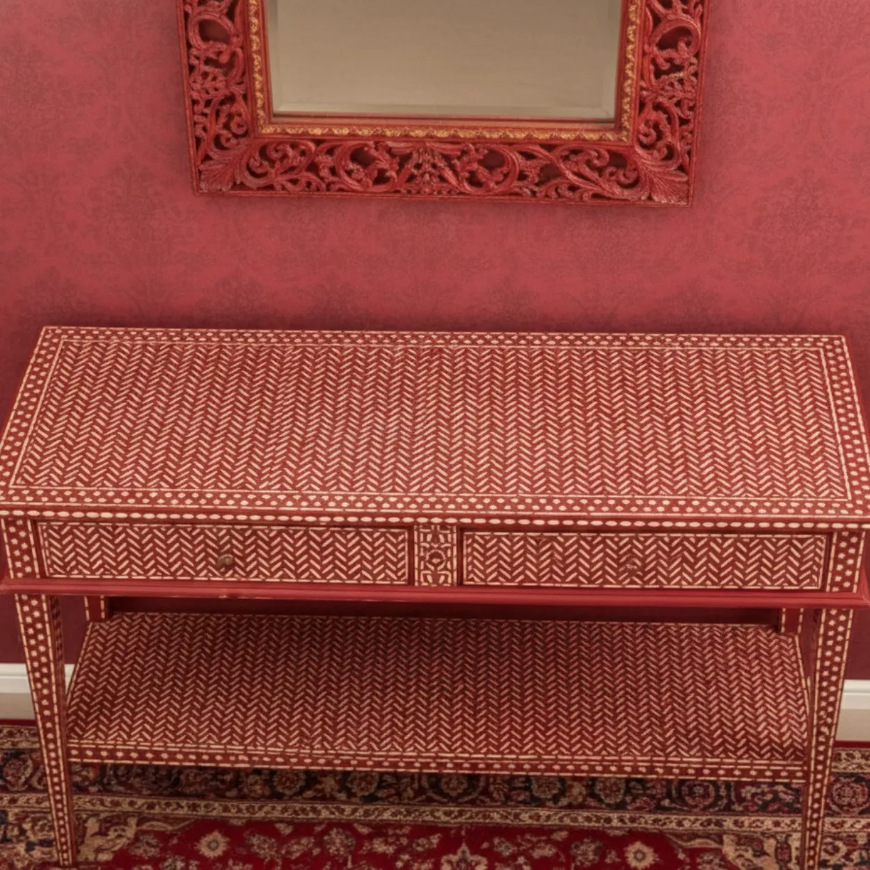 Bone Inlay Red Console Table - Image 3