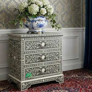 Bone Inlay Grey Bedside Table with 3 Drawers