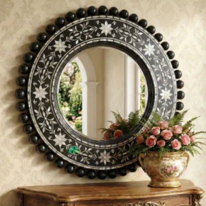 Mother Of Pearl Black Round Mirror Frame