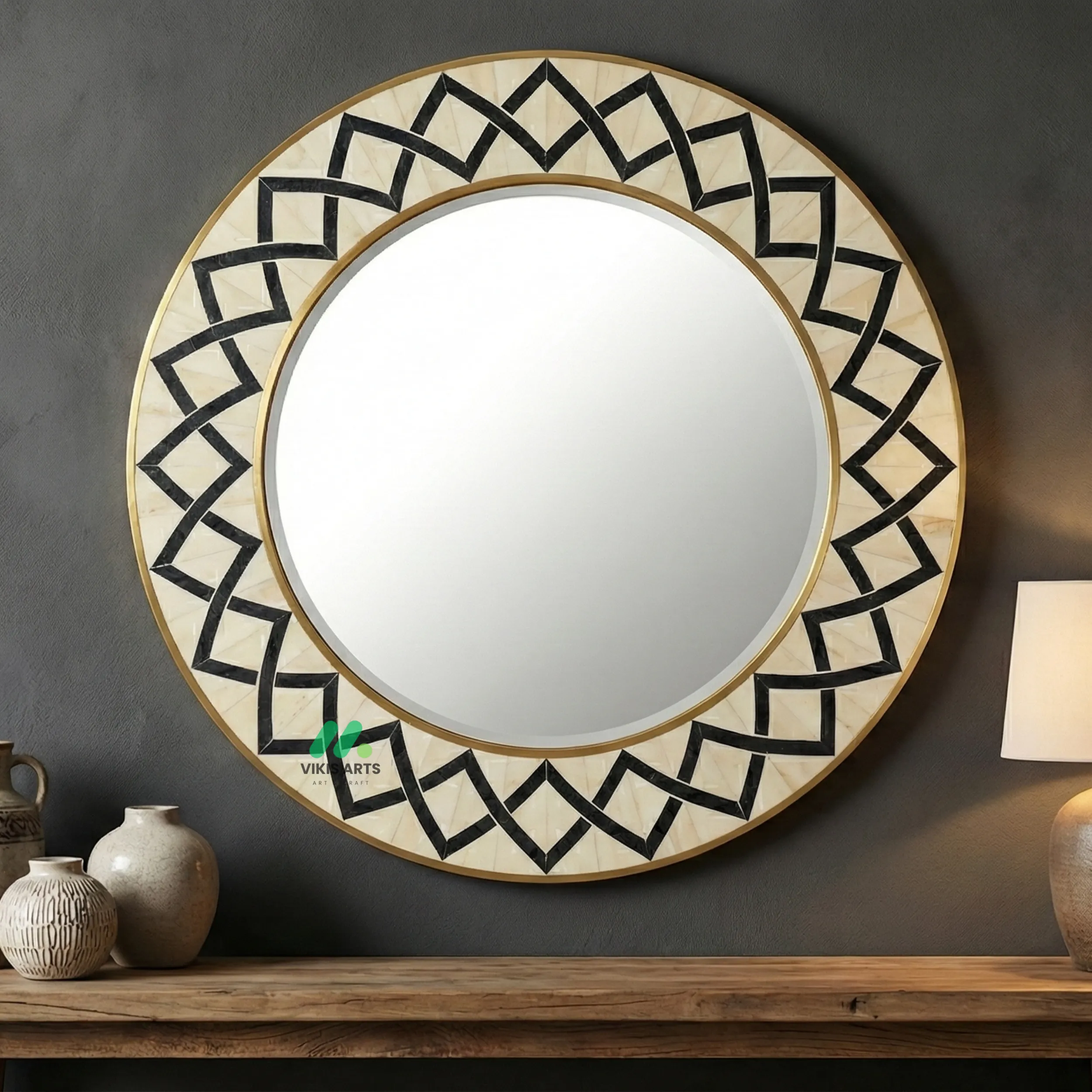 Bone Inlay Black and White Round Mirror Frame