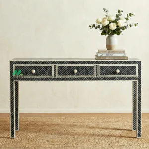 Bone Inlay Black Console Table with 3 Drawers
