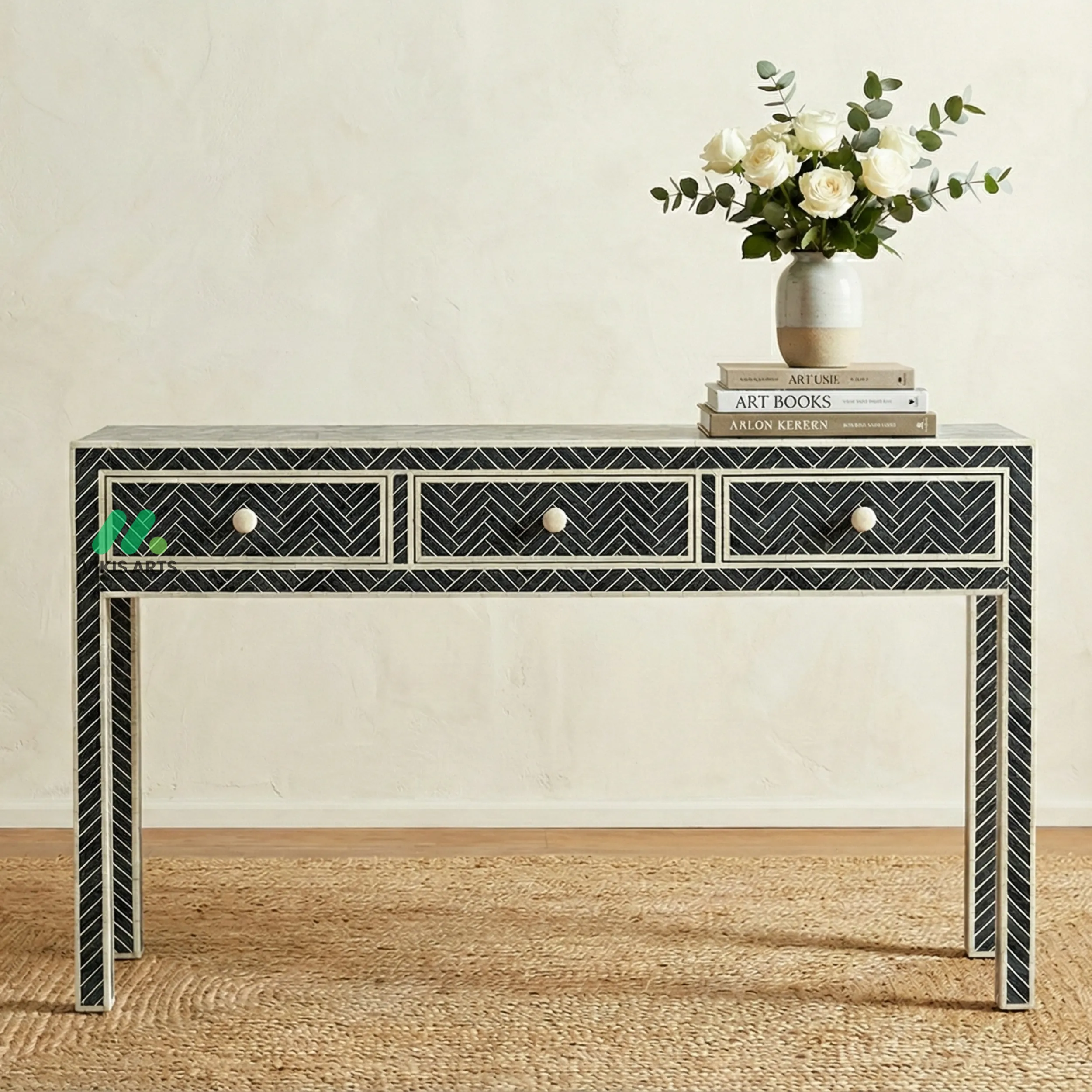 Bone Inlay Black Console Table with 3 Drawers