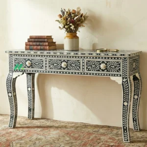 Bone Inlay Black Console Table with 3 Drawers