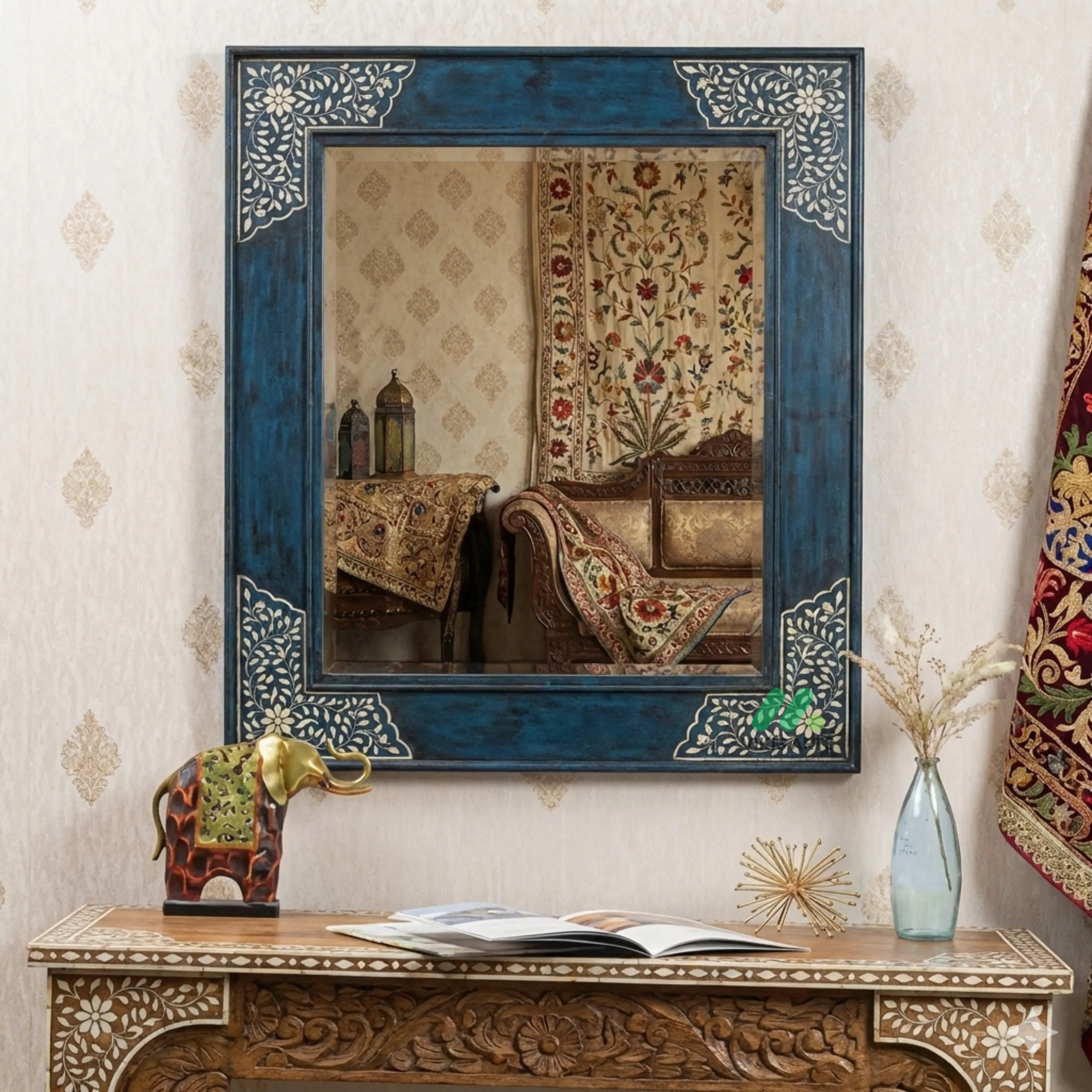 Bone Inlay Blue Square Mirror Frame