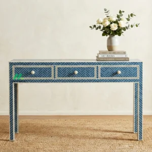 Bone Inlay Blue Console Table with 3 Drawers