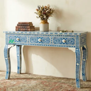 Bone Inlay Blue Console Table with 3 Drawers