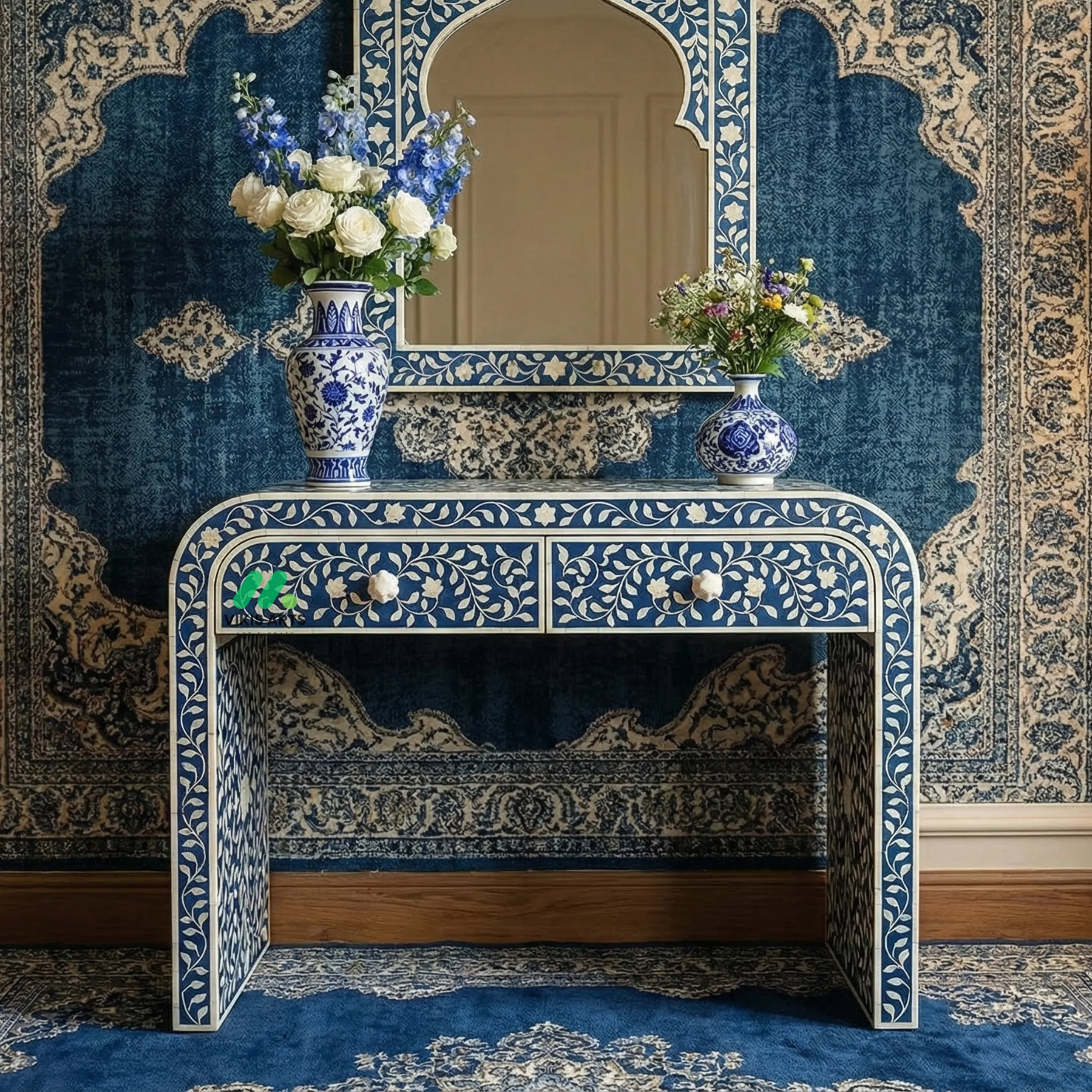 Bone Inlay Blue Console Table