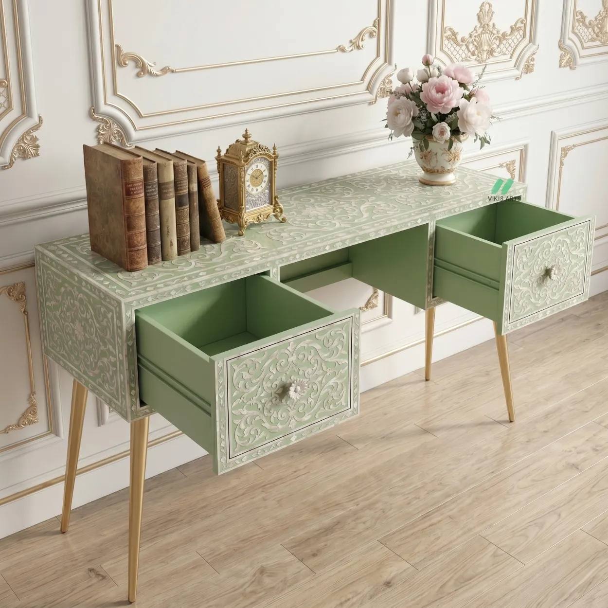 Mother of Pearl Light Green Study Table with 2 drawer - Image 5