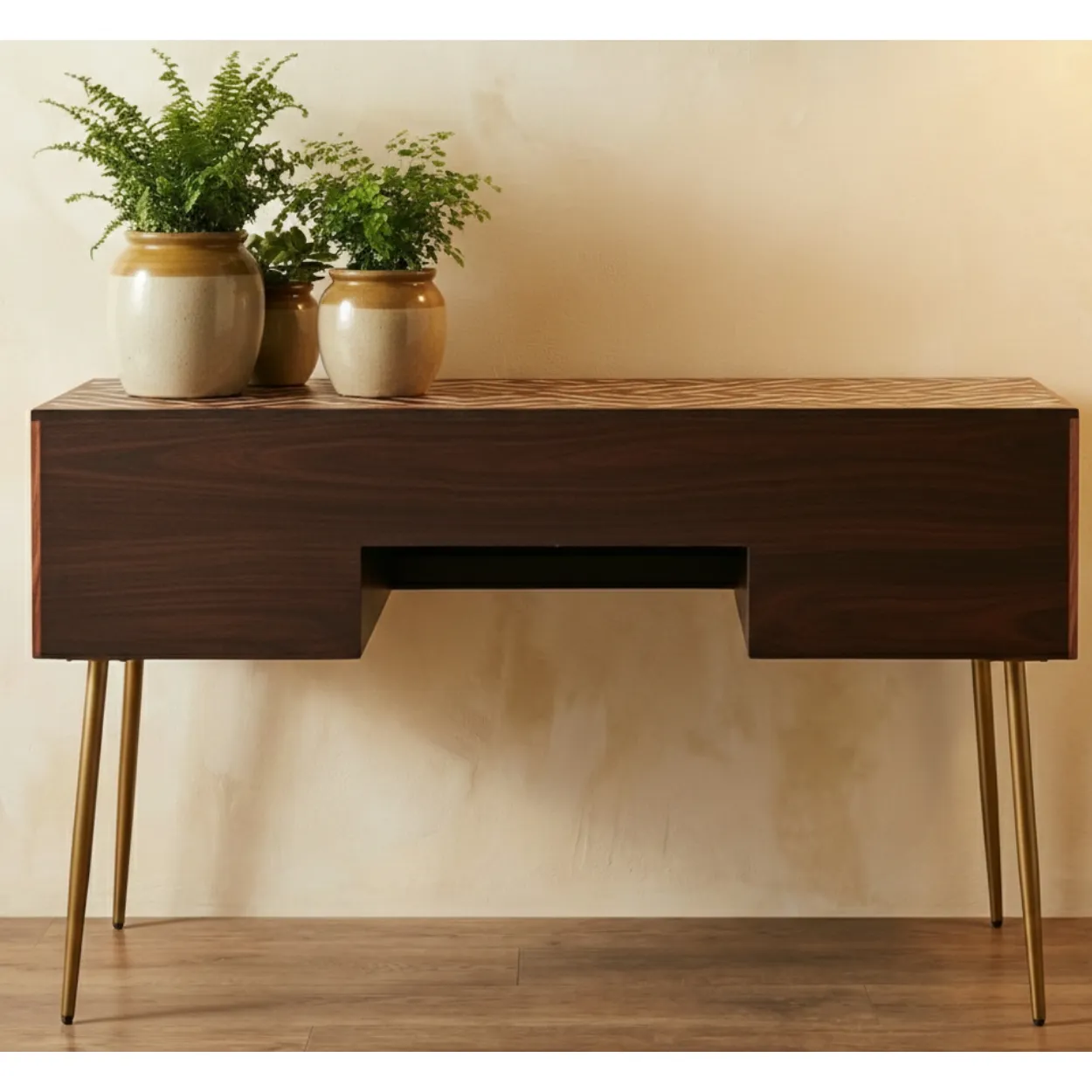 Bone Inlay Brown Desk with 2 Drawer - Image 3