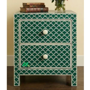 Bone Inlay Green Bedside Table with 2 Drawers