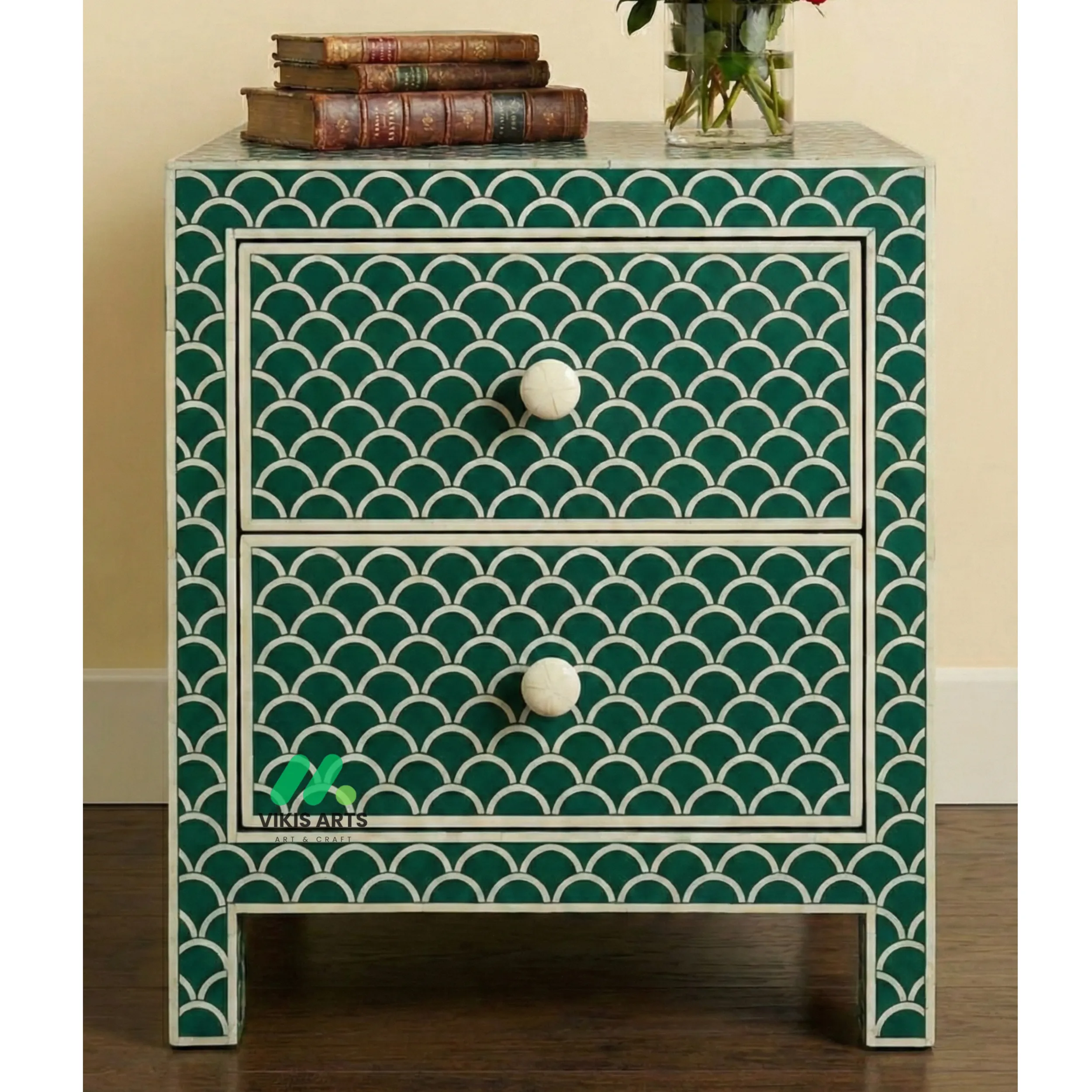 Bone Inlay Green Bedside Table with 2 Drawers