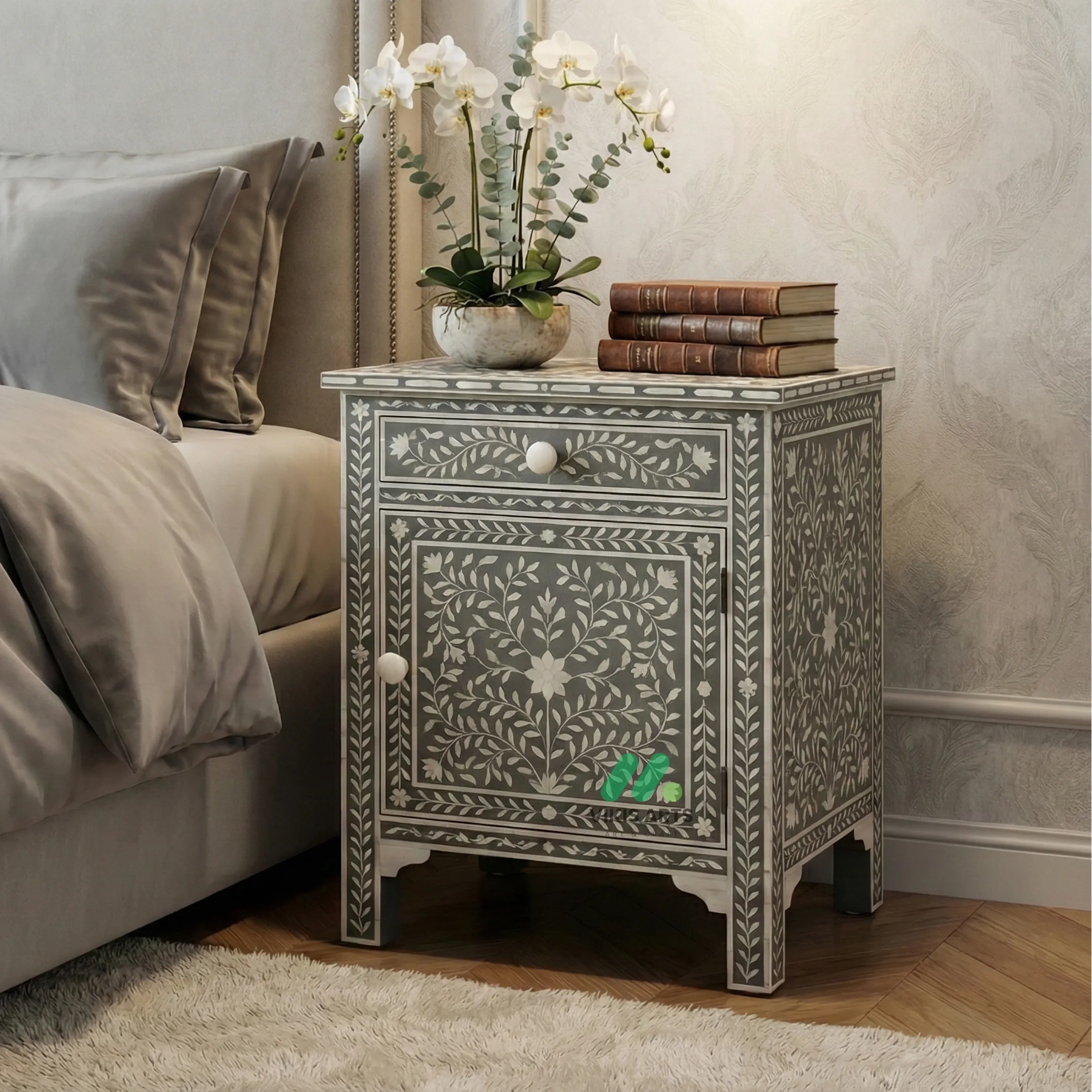 Bone Inlay Grey Bedside Table