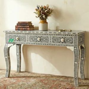 Bone Inlay Black Console Table with 3 Drawers