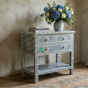 Bone inlay Grey bedside table with 4 Drawers