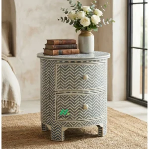 Bone inlay Grey Round bedside table with 2 Drawers