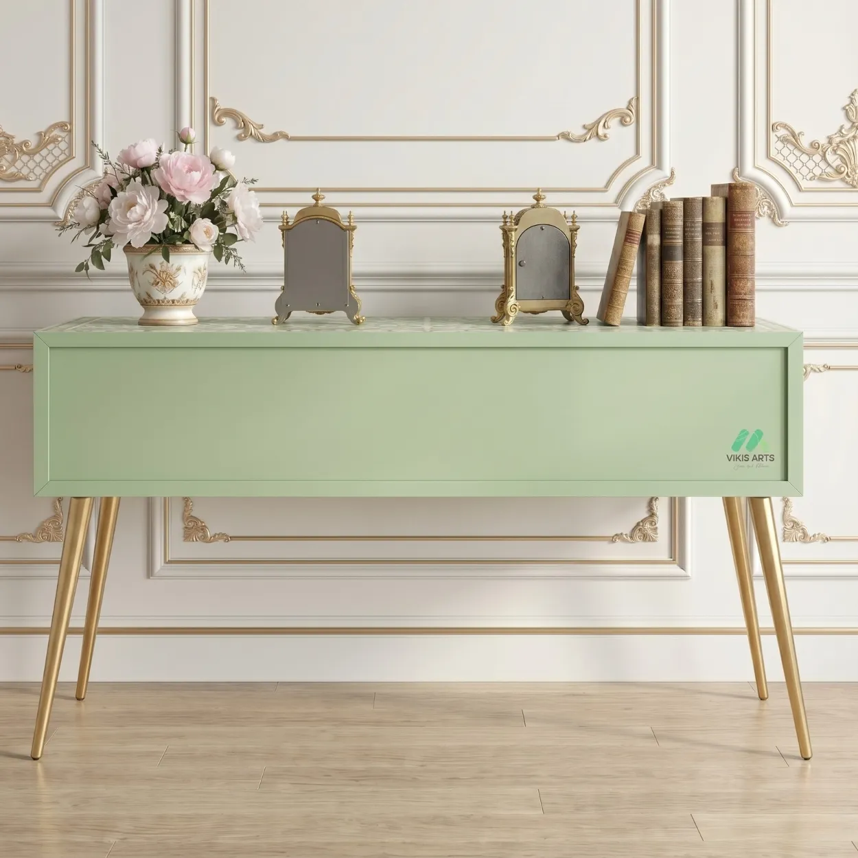 Mother of Pearl Light Green Study Table with 2 drawer - Image 2