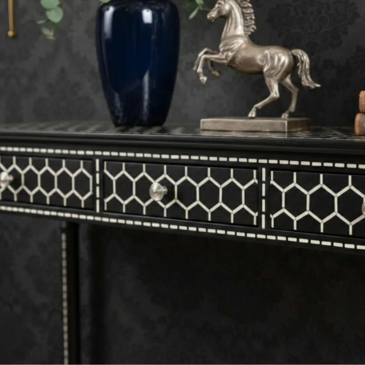 Bone Inlay Black Console Table - Image 4