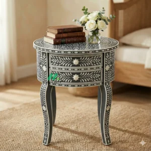 Bone Inlay Black Round Nightstand with 2 Drawers
