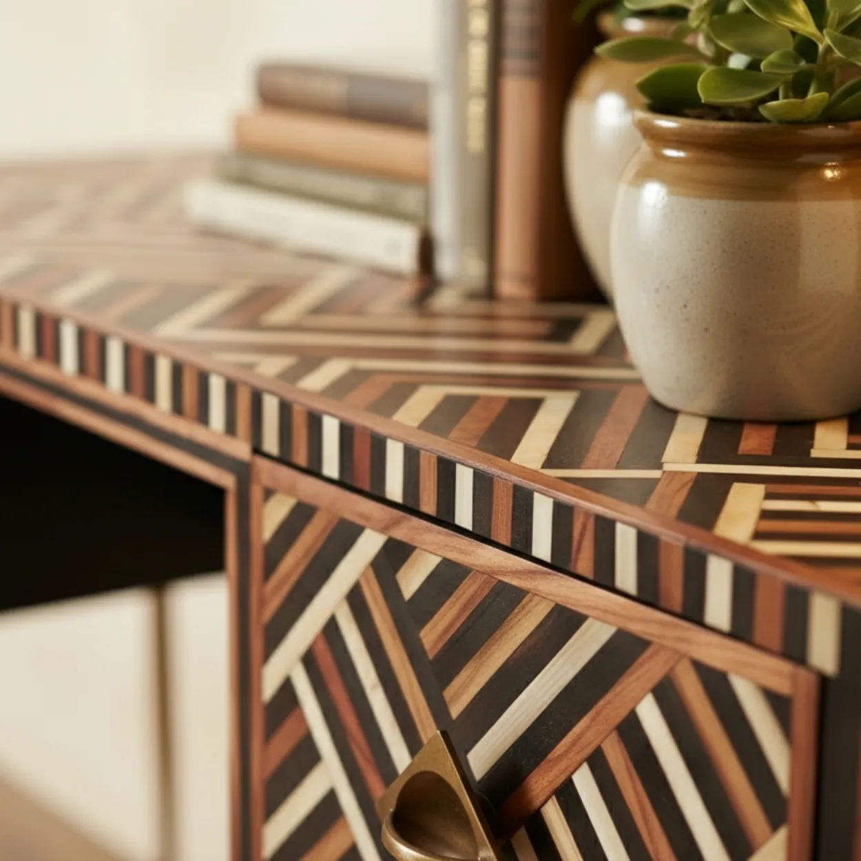 Bone Inlay Brown Desk with 2 Drawer - Image 5