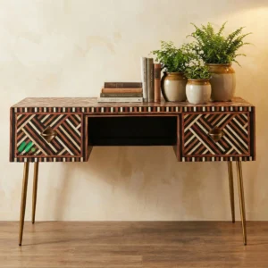 Bone Inlay Brown Desk with 2 Drawers