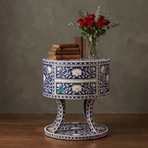 Bone Inlay Blue Round Nightstand