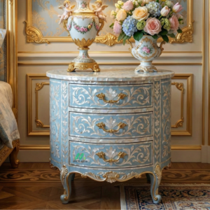 Mother Of Pearl Blue Round Bedside Table with 3 Drawers